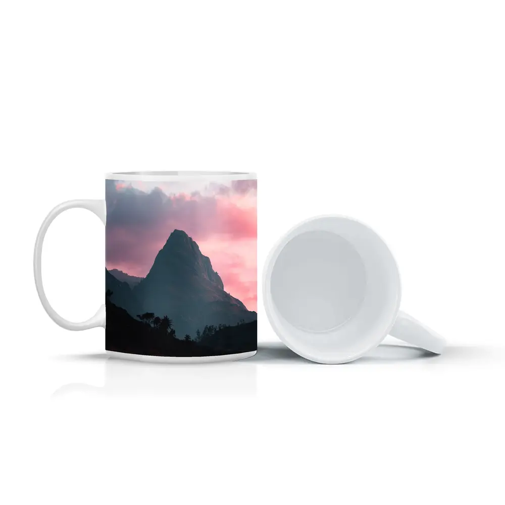 Sharp Mountain Peak Pink Sunset Sky – Mugs