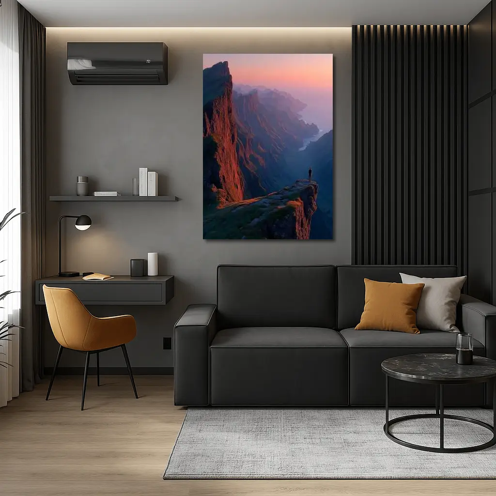 Lone Figure Standing Cliff Edge Sunset Mountains – Wall Art