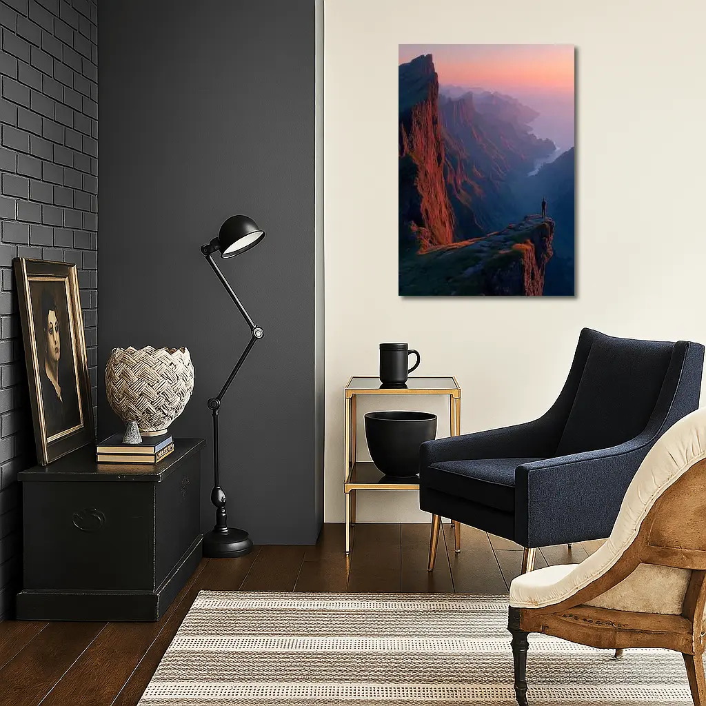 Lone Figure Standing Cliff Edge Sunset Mountains – Wall Art