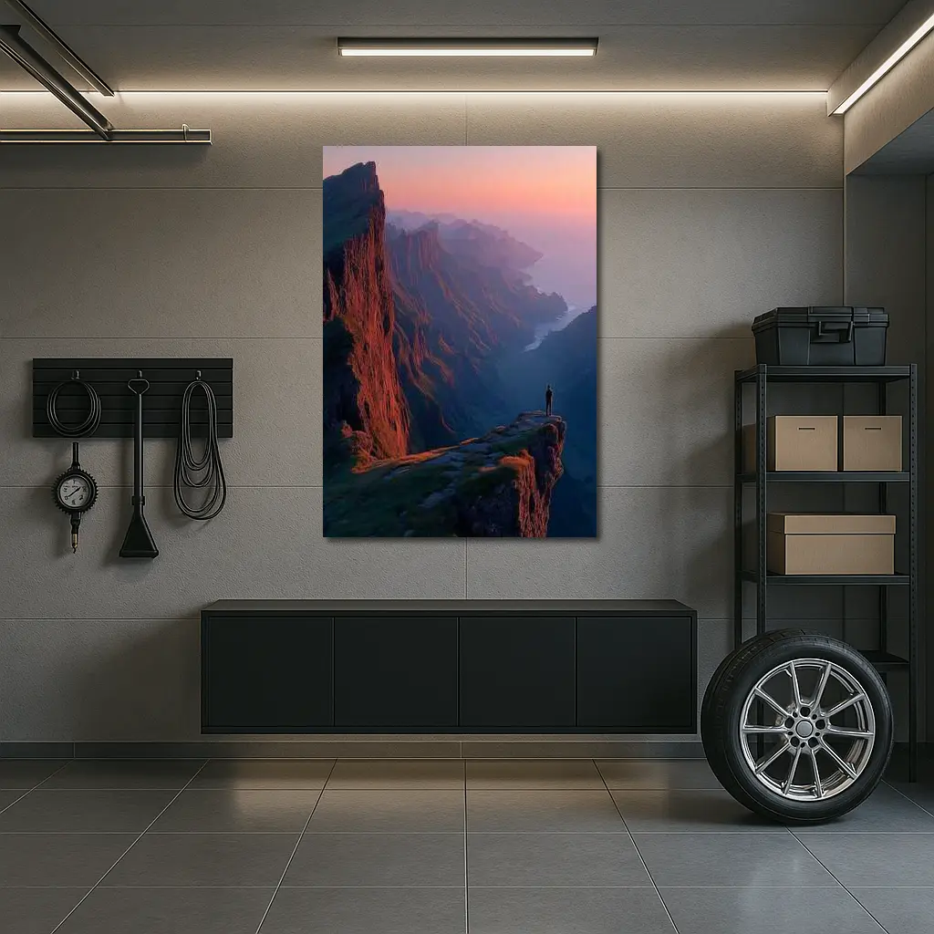 Lone Figure Standing Cliff Edge Sunset Mountains – Wall Art