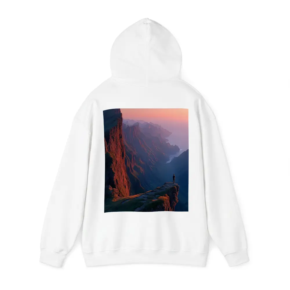 Lone Figure Standing Cliff Edge Sunset Mountains – Hoodies