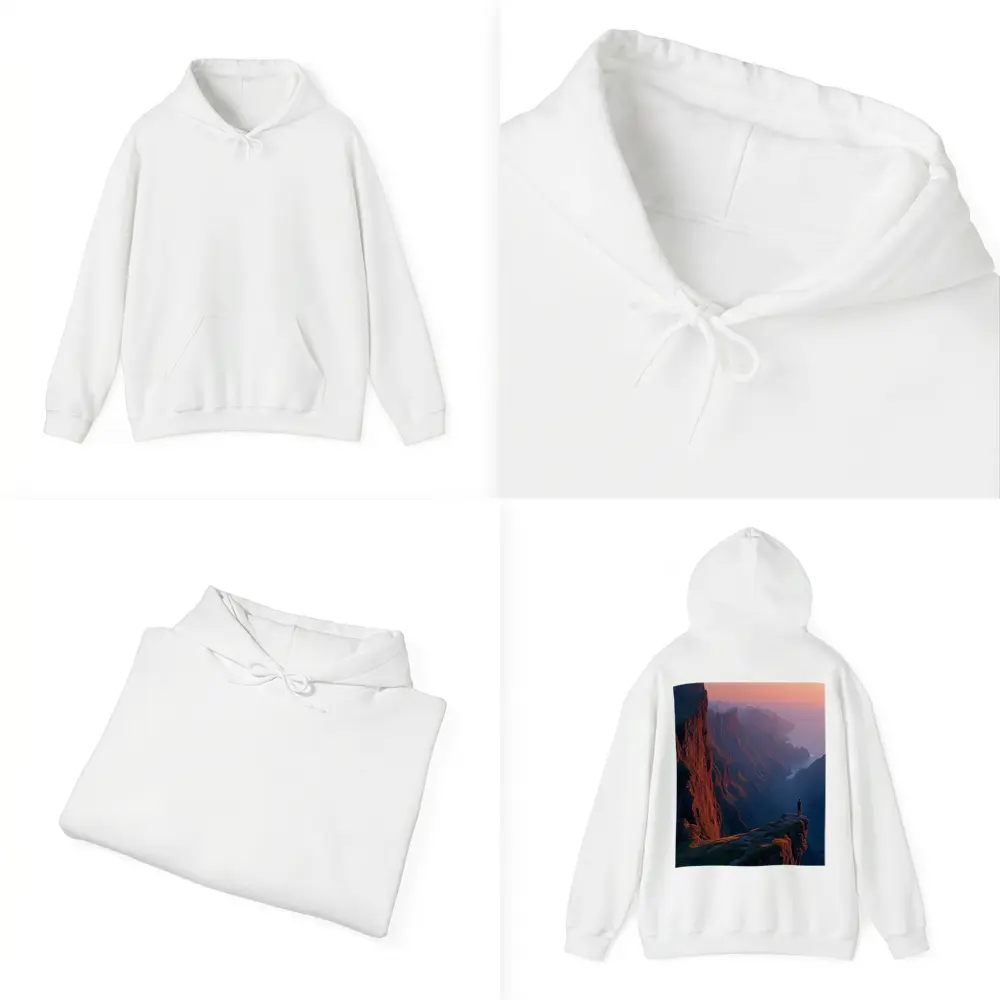 Lone Figure Standing Cliff Edge Sunset Mountains – Hoodies