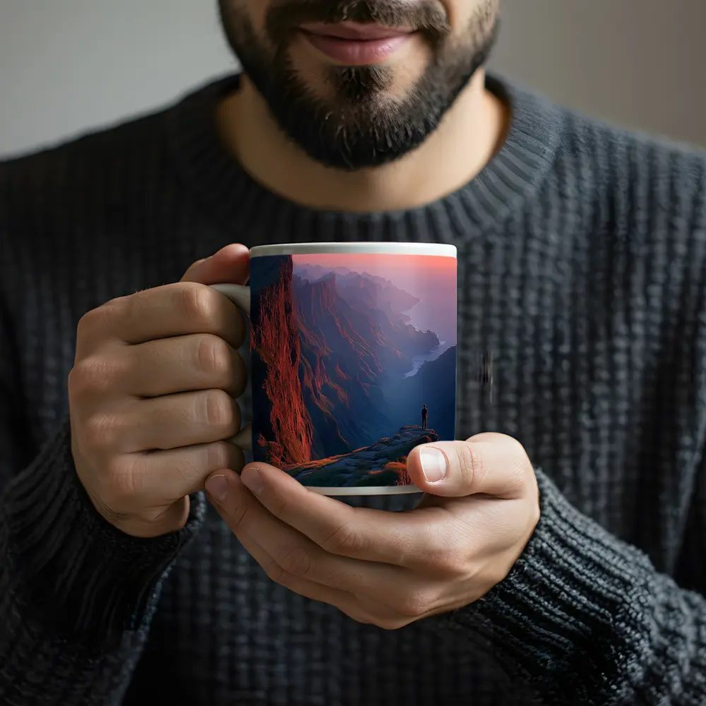 Lone Figure Standing Cliff Edge Sunset Mountains – Mugs