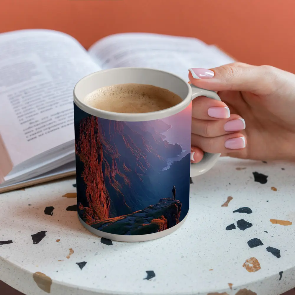 Lone Figure Standing Cliff Edge Sunset Mountains – Mugs