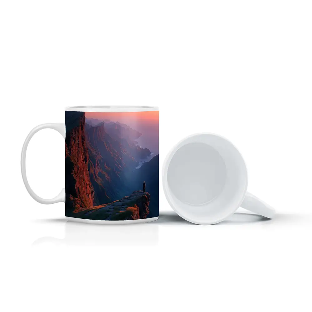 Lone Figure Standing Cliff Edge Sunset Mountains – Mugs