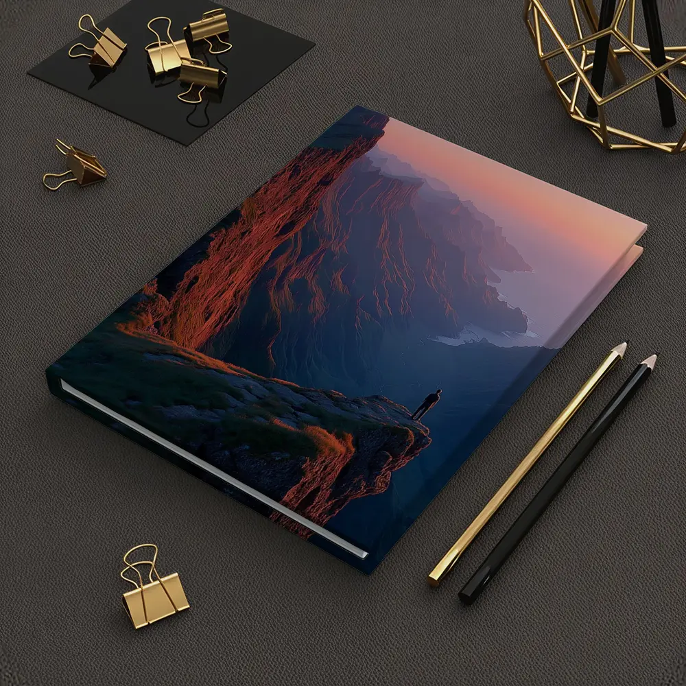 Lone Figure Standing Cliff Edge Sunset Mountains – Notebooks