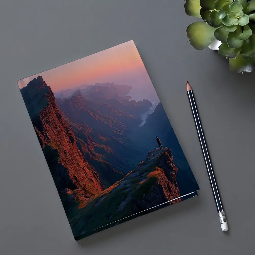 Lone Figure Standing Cliff Edge Sunset Mountains – Notebooks
