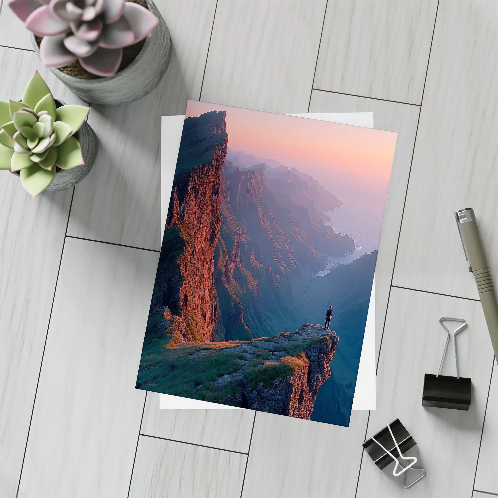 Lone Figure Standing Cliff Edge Sunset Mountains – Postcards