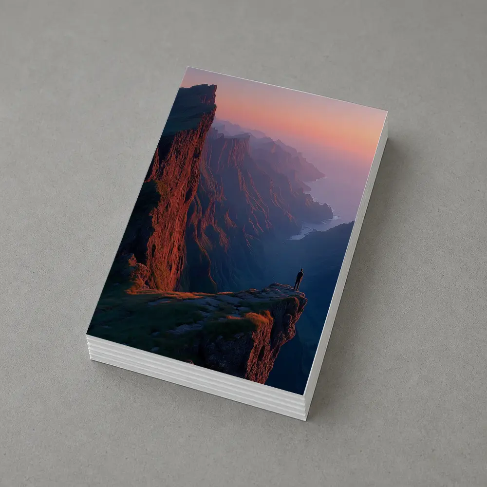 Lone Figure Standing Cliff Edge Sunset Mountains – Postcards