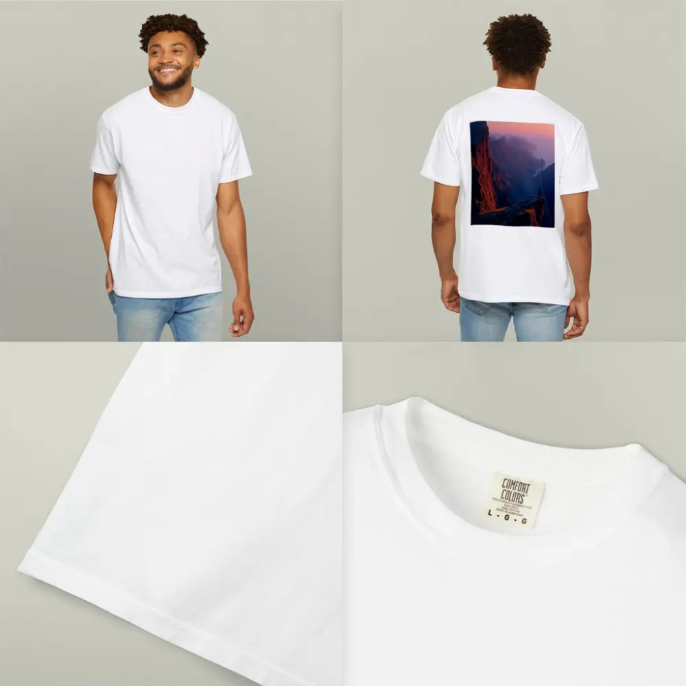 Lone Figure Standing Cliff Edge Sunset Mountains – T-Shirts
