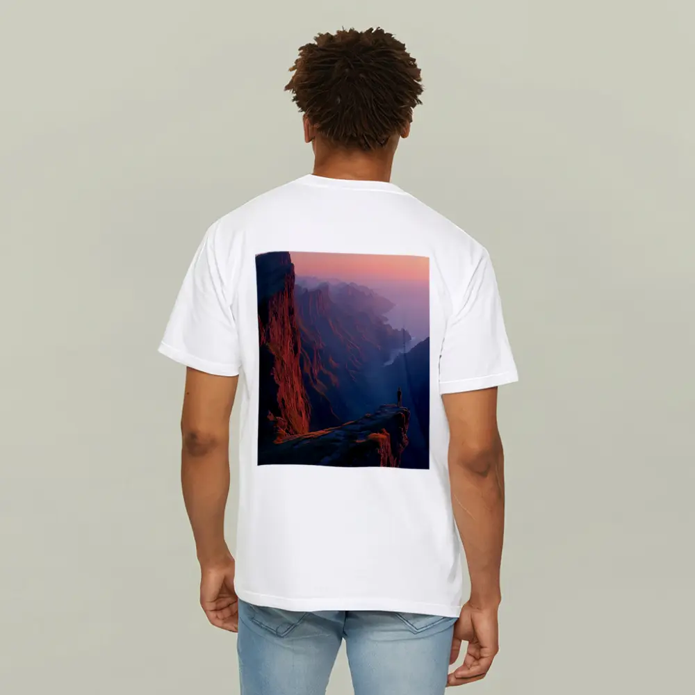 Lone Figure Standing Cliff Edge Sunset Mountains – T-Shirts