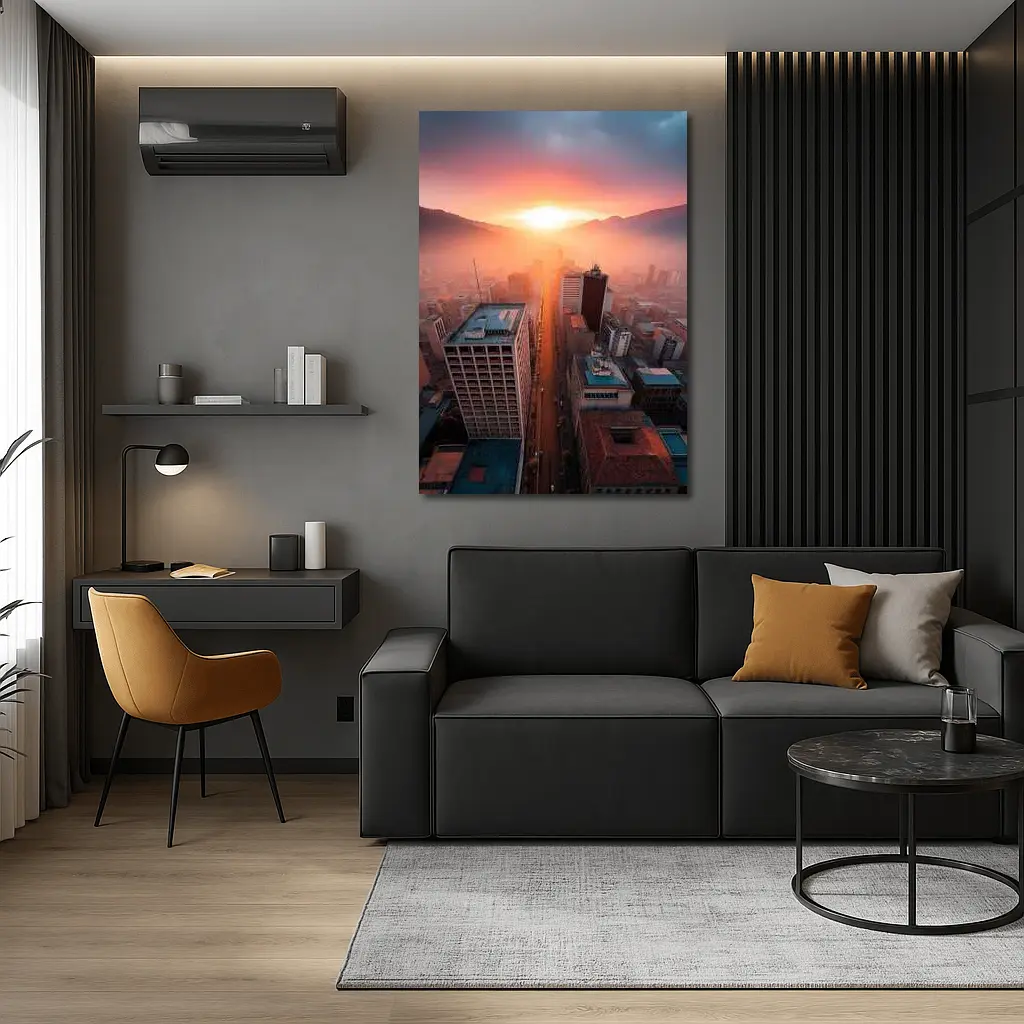 Aerial City Skyline Glowing Sunset Mountains – Wall Art
