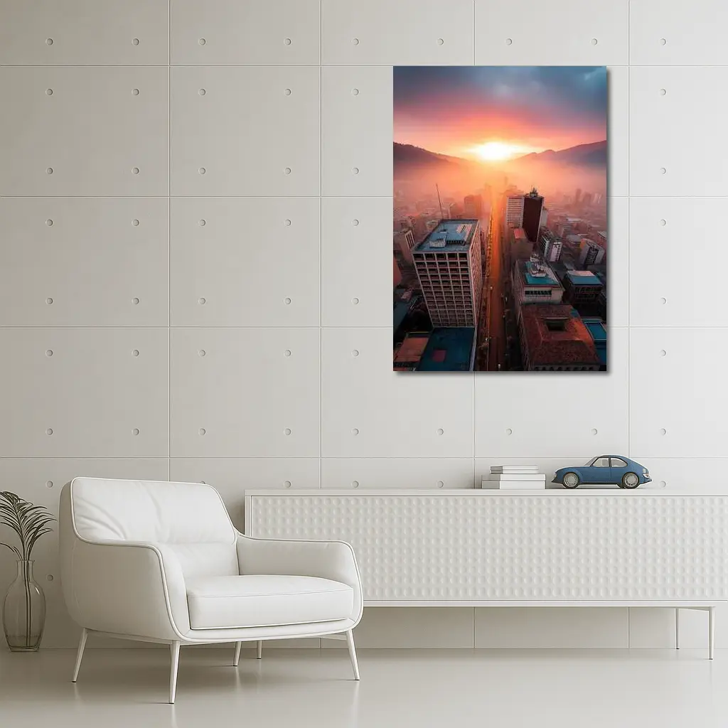 Aerial City Skyline Glowing Sunset Mountains – Wall Art