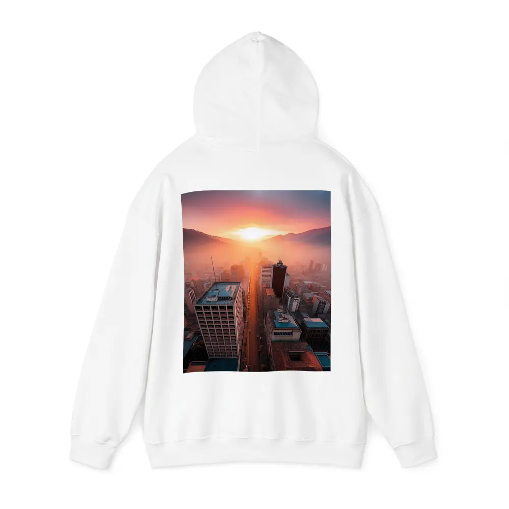 Aerial City Skyline Glowing Sunset Mountains – Hoodies