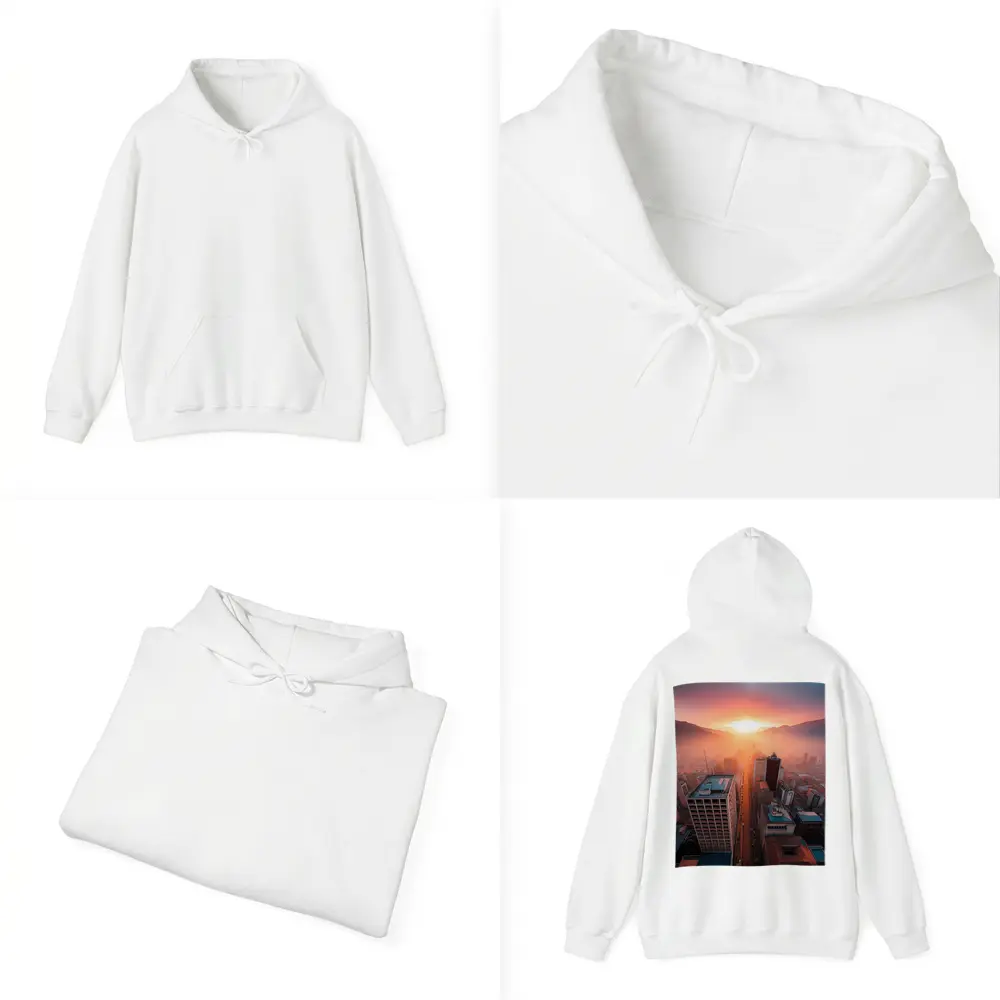 Aerial City Skyline Glowing Sunset Mountains – Hoodies
