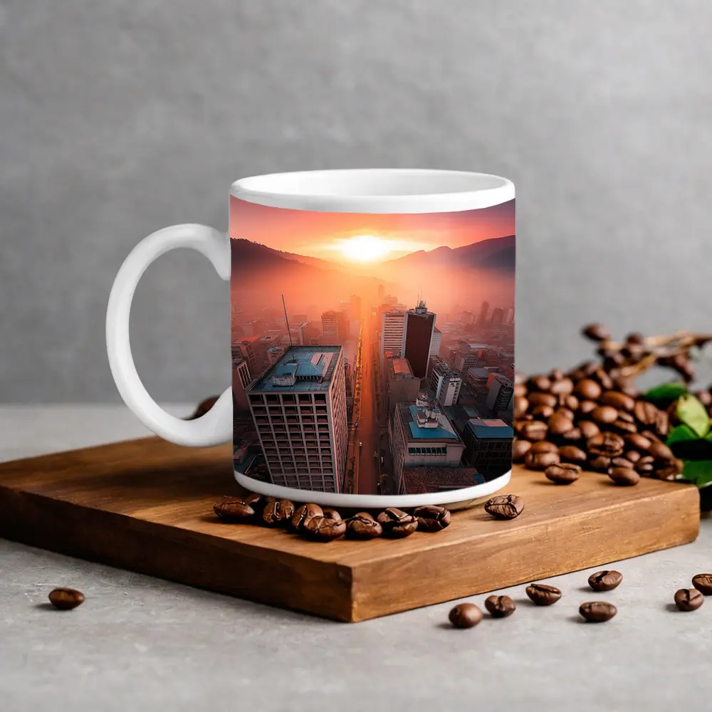 Aerial City Skyline Glowing Sunset Mountains – Mugs