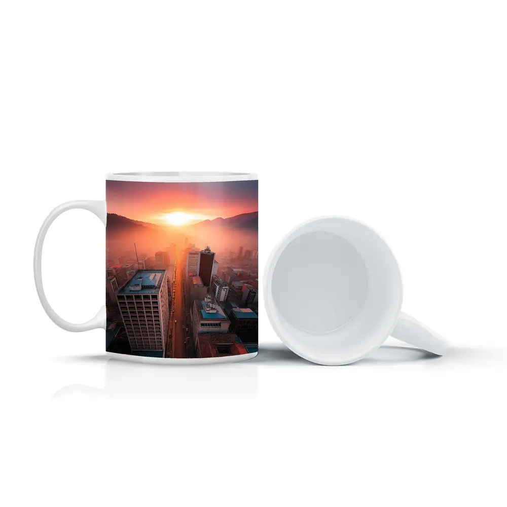 Aerial City Skyline Glowing Sunset Mountains – Mugs
