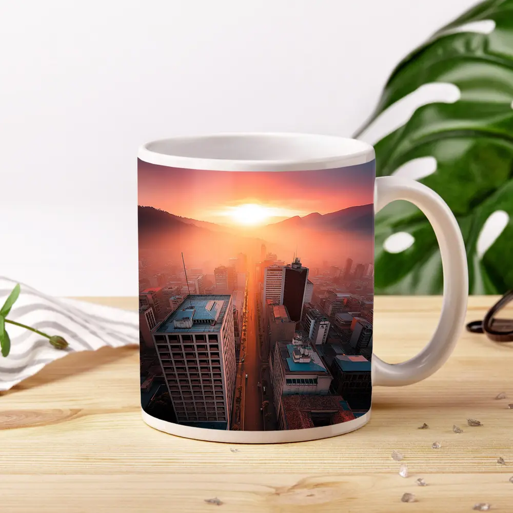 Aerial City Skyline Glowing Sunset Mountains – Mugs