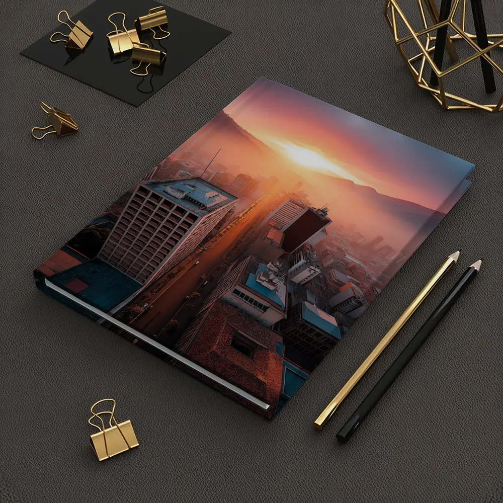 Aerial City Skyline Glowing Sunset Mountains – Notebooks