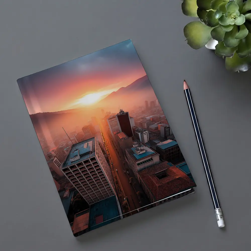 Aerial City Skyline Glowing Sunset Mountains – Notebooks