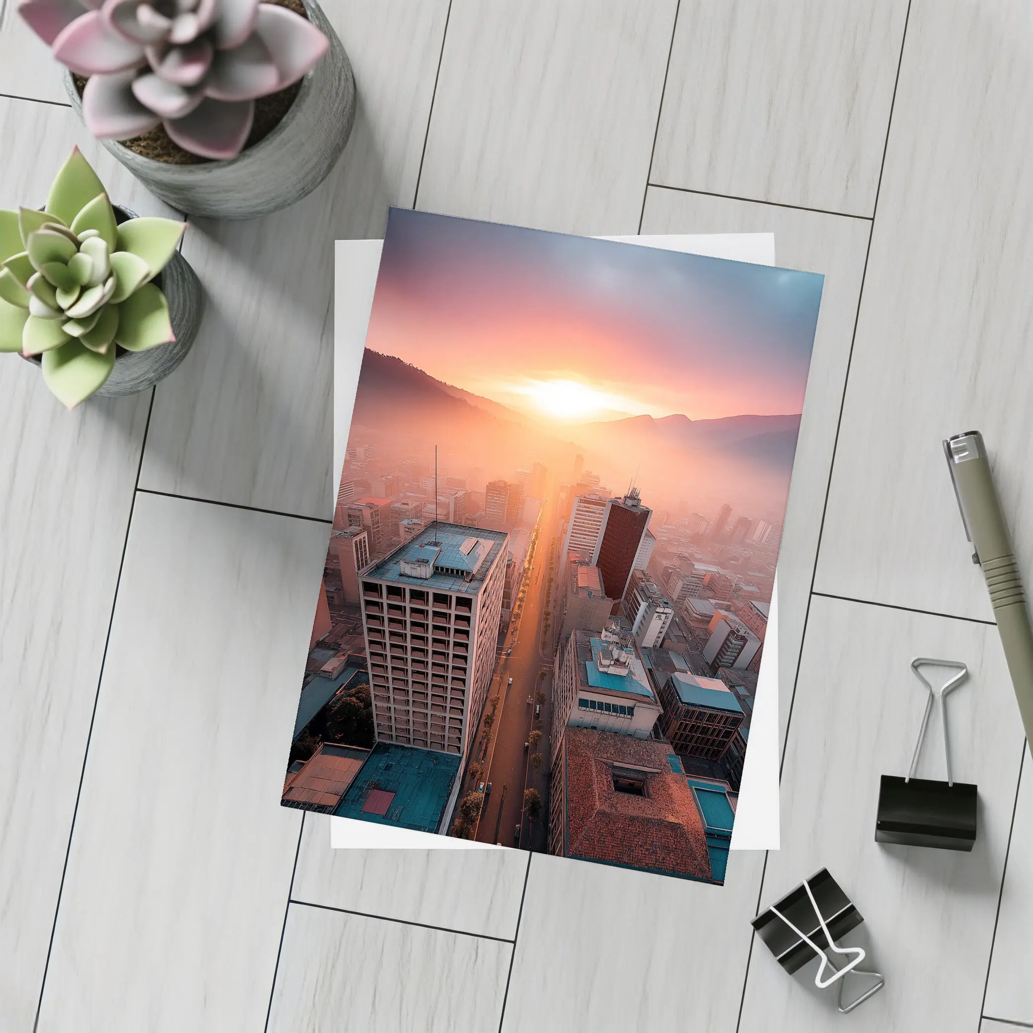 Aerial City Skyline Glowing Sunset Mountains – Postcards