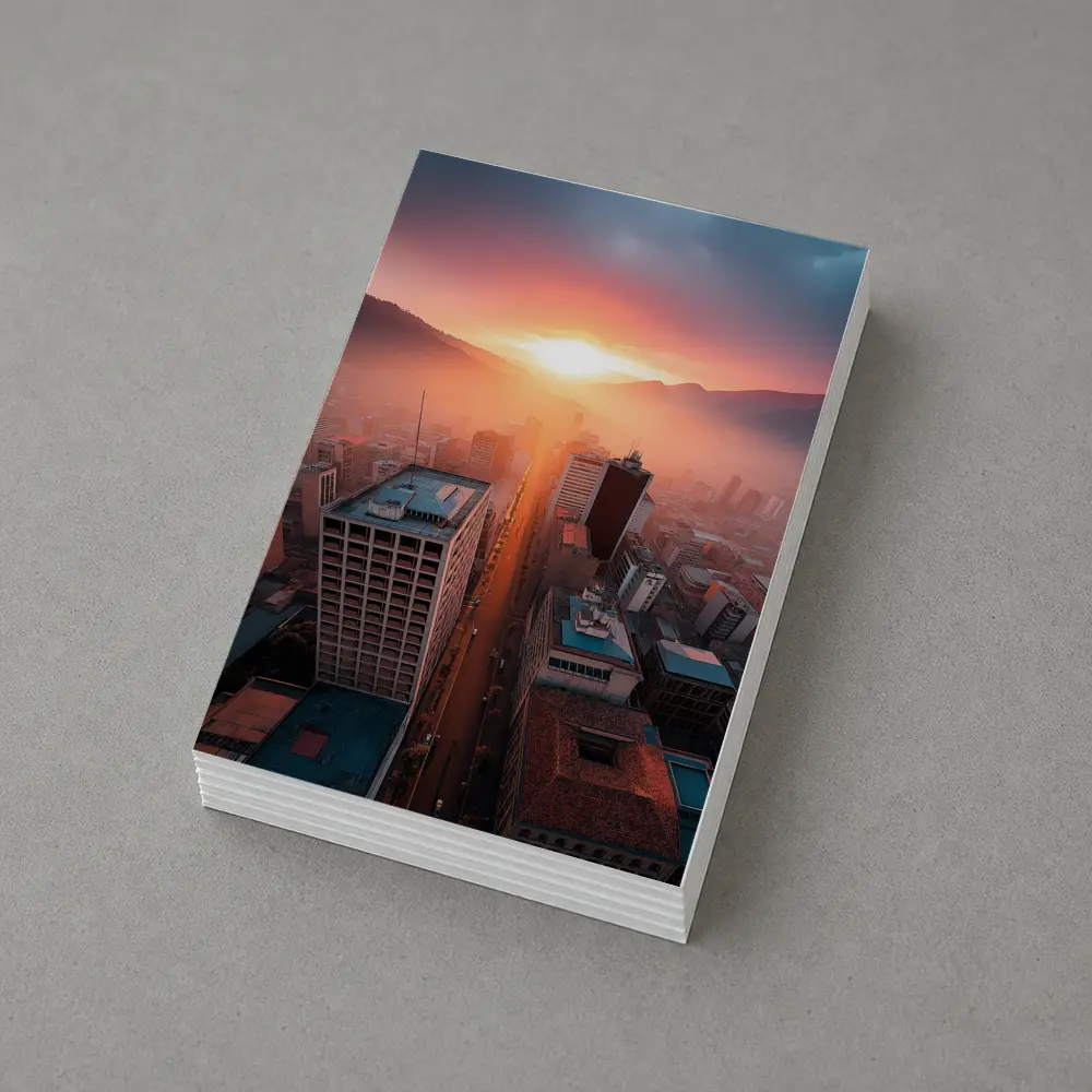Aerial City Skyline Glowing Sunset Mountains – Postcards