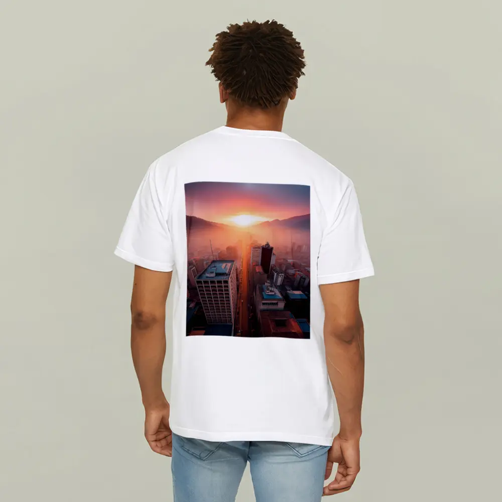 Aerial City Skyline Glowing Sunset Mountains – T-Shirts