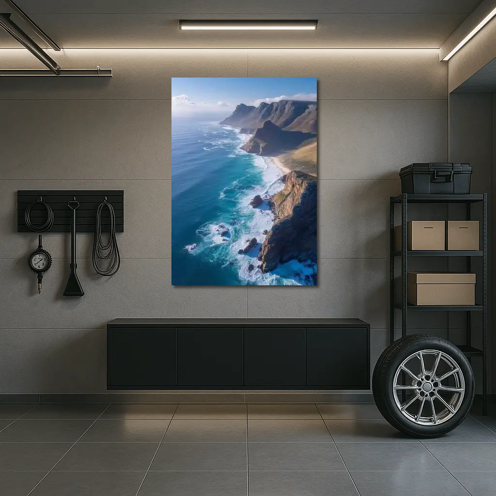 Aerial Coastal Cliffs Meeting Turquoise Ocean Waves – Wall Art