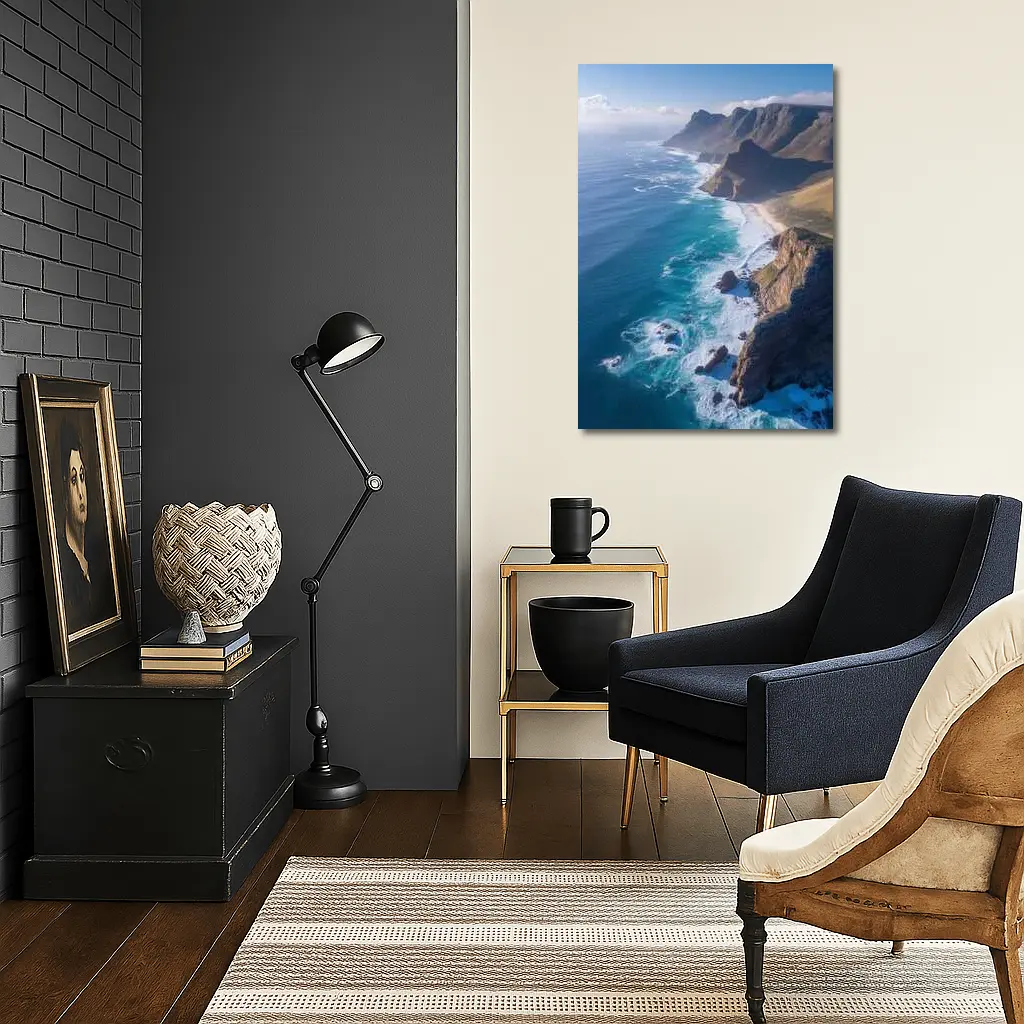 Aerial Coastal Cliffs Meeting Turquoise Ocean Waves – Wall Art