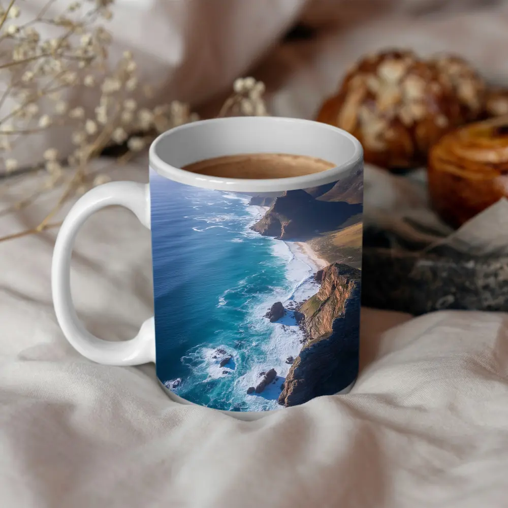 Aerial Coastal Cliffs Meeting Turquoise Ocean Waves – Mugs