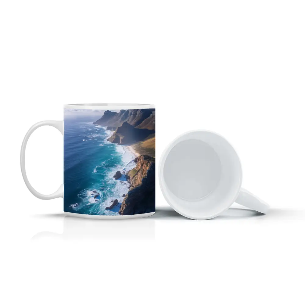 Aerial Coastal Cliffs Meeting Turquoise Ocean Waves – Mugs