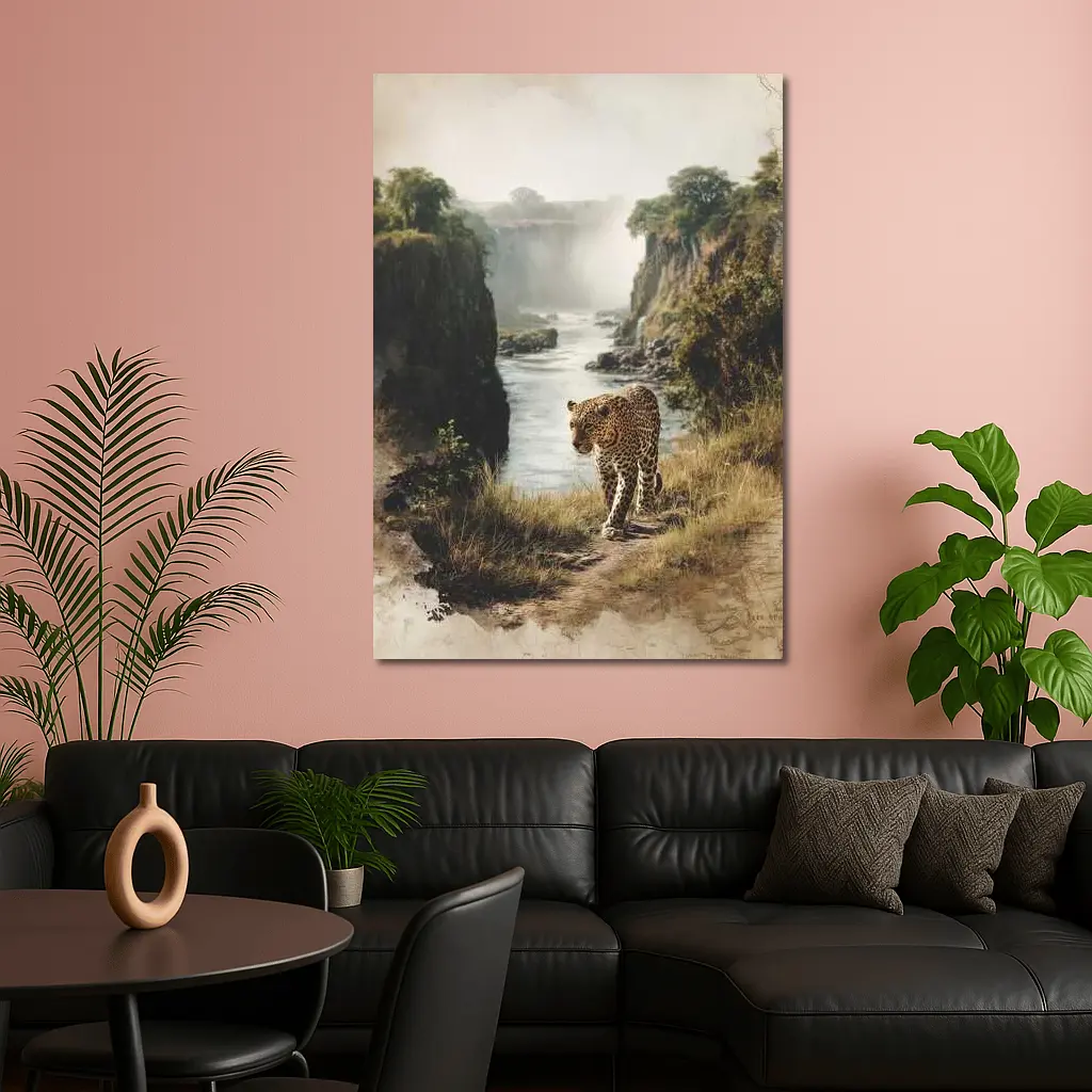 Leopard Standing by Misty Waterfall Gorge – Wall Art
