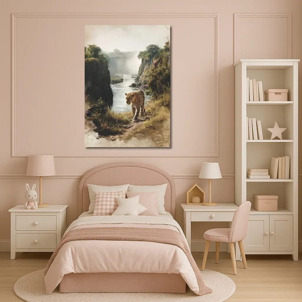 Leopard Standing by Misty Waterfall Gorge – Wall Art