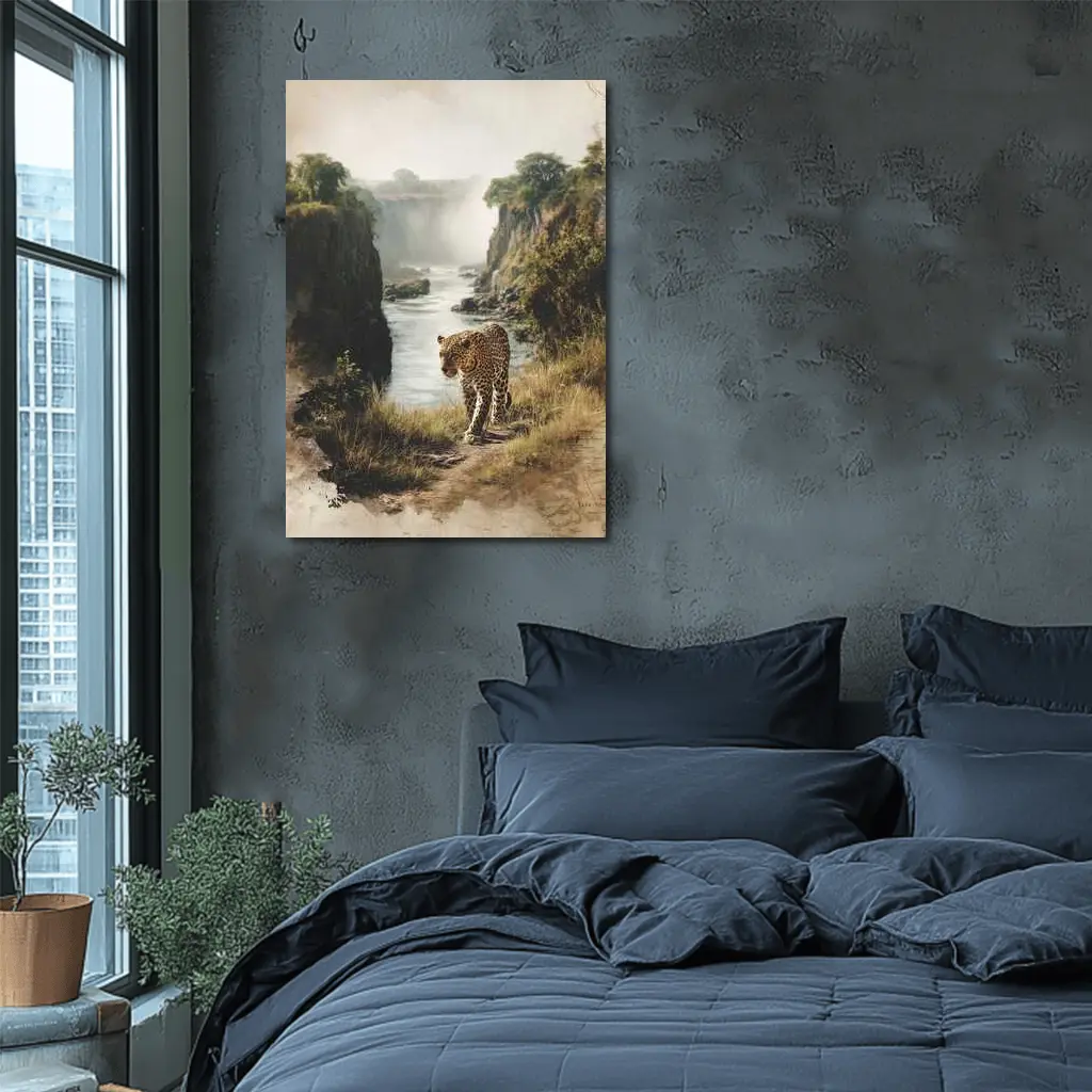 Leopard Standing by Misty Waterfall Gorge – Wall Art