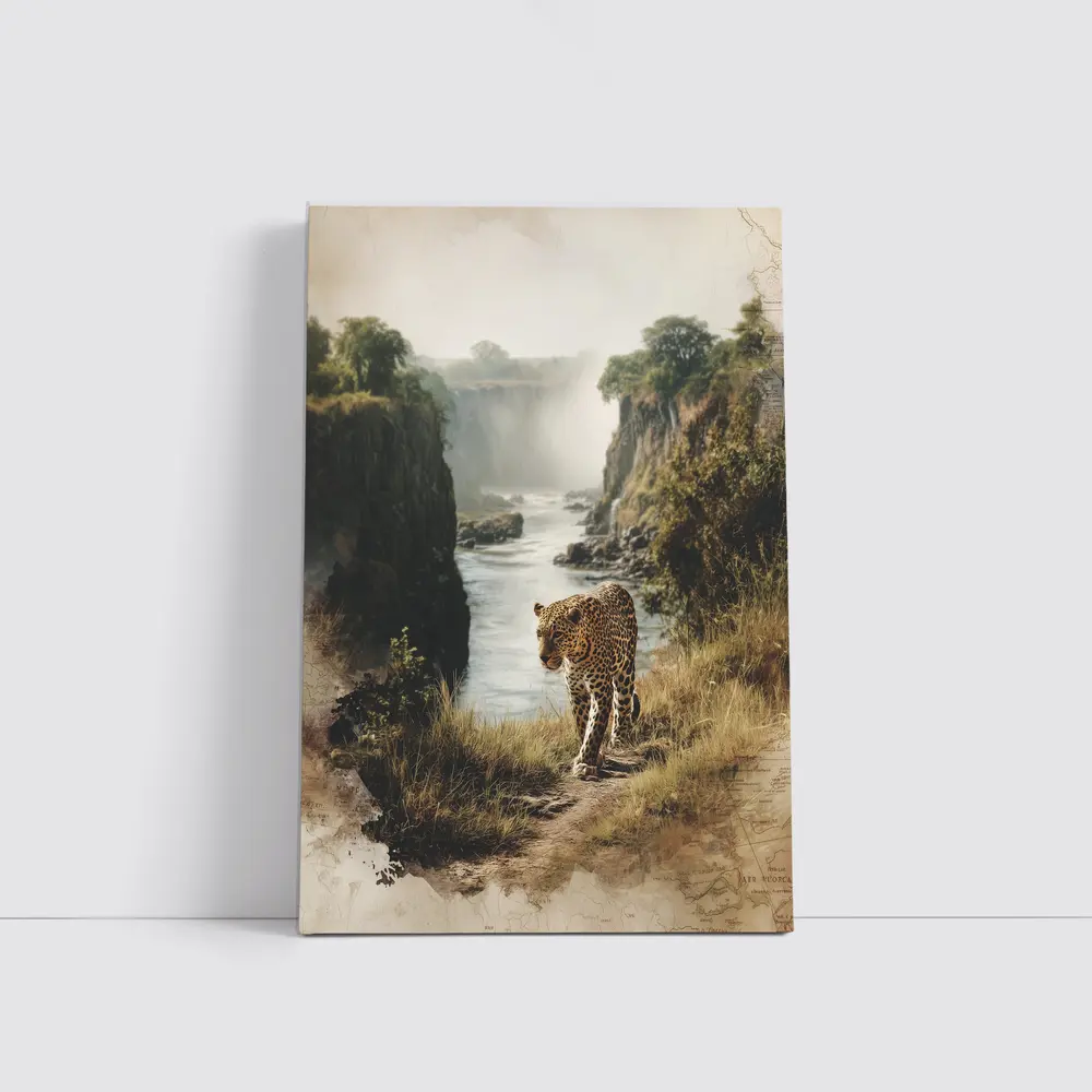 Leopard Standing by Misty Waterfall Gorge – Wall Art
