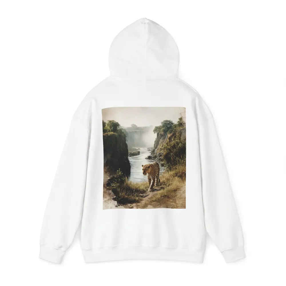 Leopard Standing by Misty Waterfall Gorge – Hoodies