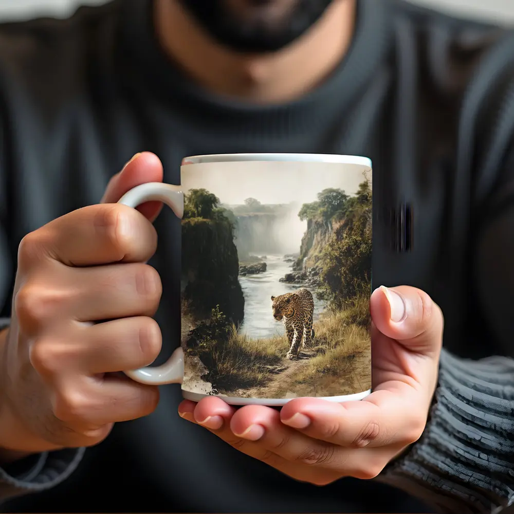 Leopard Standing by Misty Waterfall Gorge – Mugs