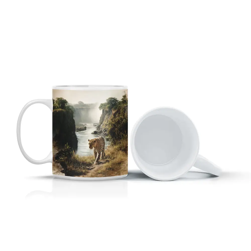 Leopard Standing by Misty Waterfall Gorge – Mugs
