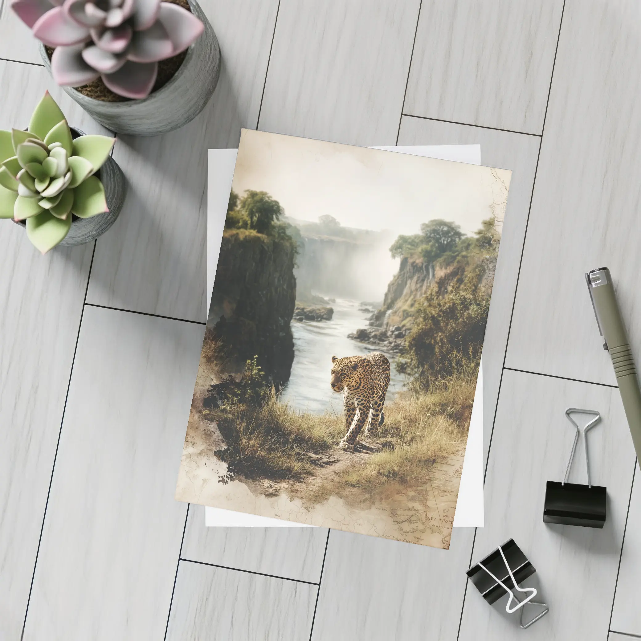Leopard Standing by Misty Waterfall Gorge – Postcards