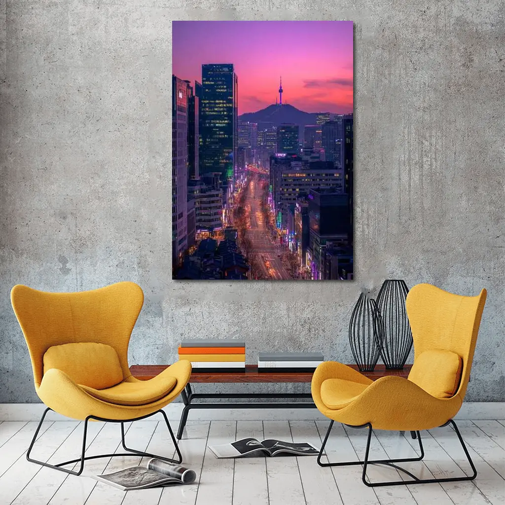 Seoul City Skyline At Purple Sunset – Wall Art