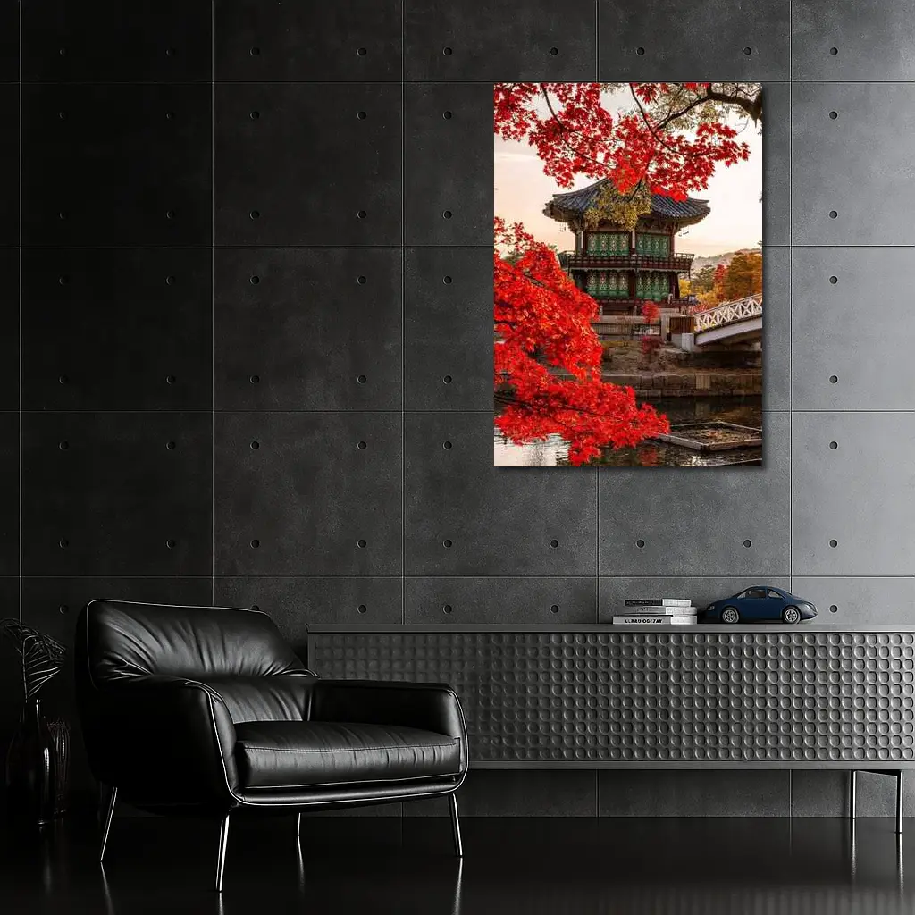 Korean Palace Pavilion Red Autumn Leaves – Wall Art