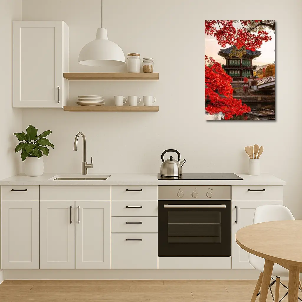 Korean Palace Pavilion Red Autumn Leaves – Wall Art