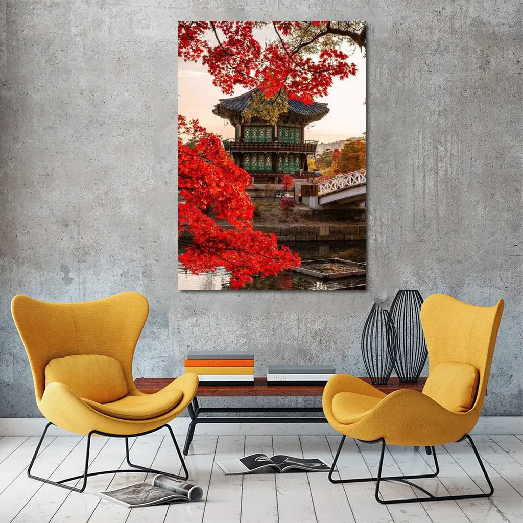 Korean Palace Pavilion Red Autumn Leaves – Wall Art