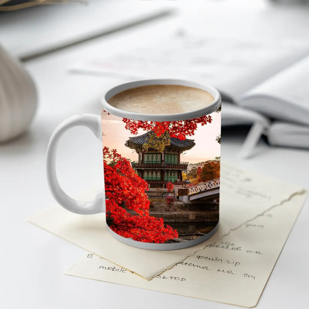 Korean Palace Pavilion Red Autumn Leaves – Mugs