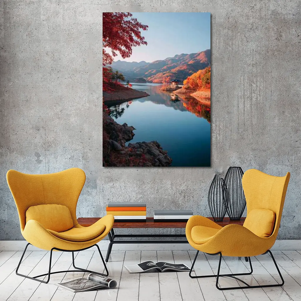 Korean Pavilion Lake Autumn Mountain Reflection – Wall Art