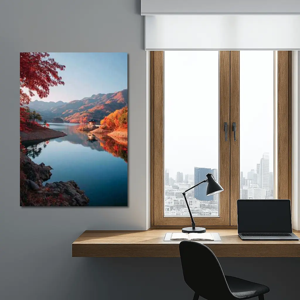 Korean Pavilion Lake Autumn Mountain Reflection – Wall Art