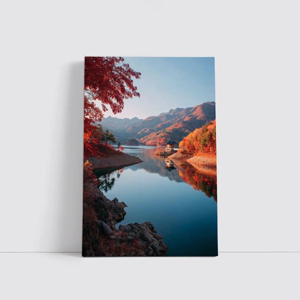 Korean Pavilion Lake Autumn Mountain Reflection – Wall Art