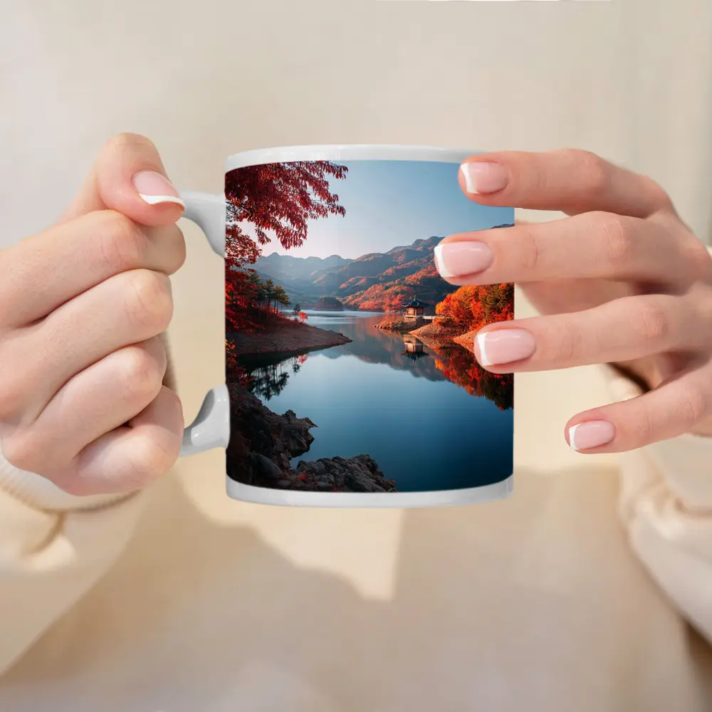 Korean Pavilion Lake Autumn Mountain Reflection – Mugs