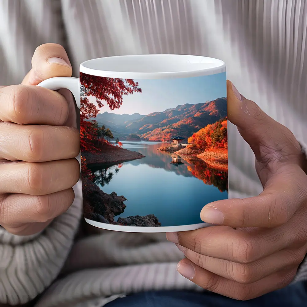 Korean Pavilion Lake Autumn Mountain Reflection – Mugs