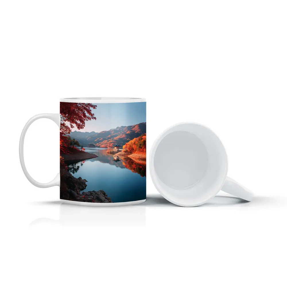 Korean Pavilion Lake Autumn Mountain Reflection – Mugs